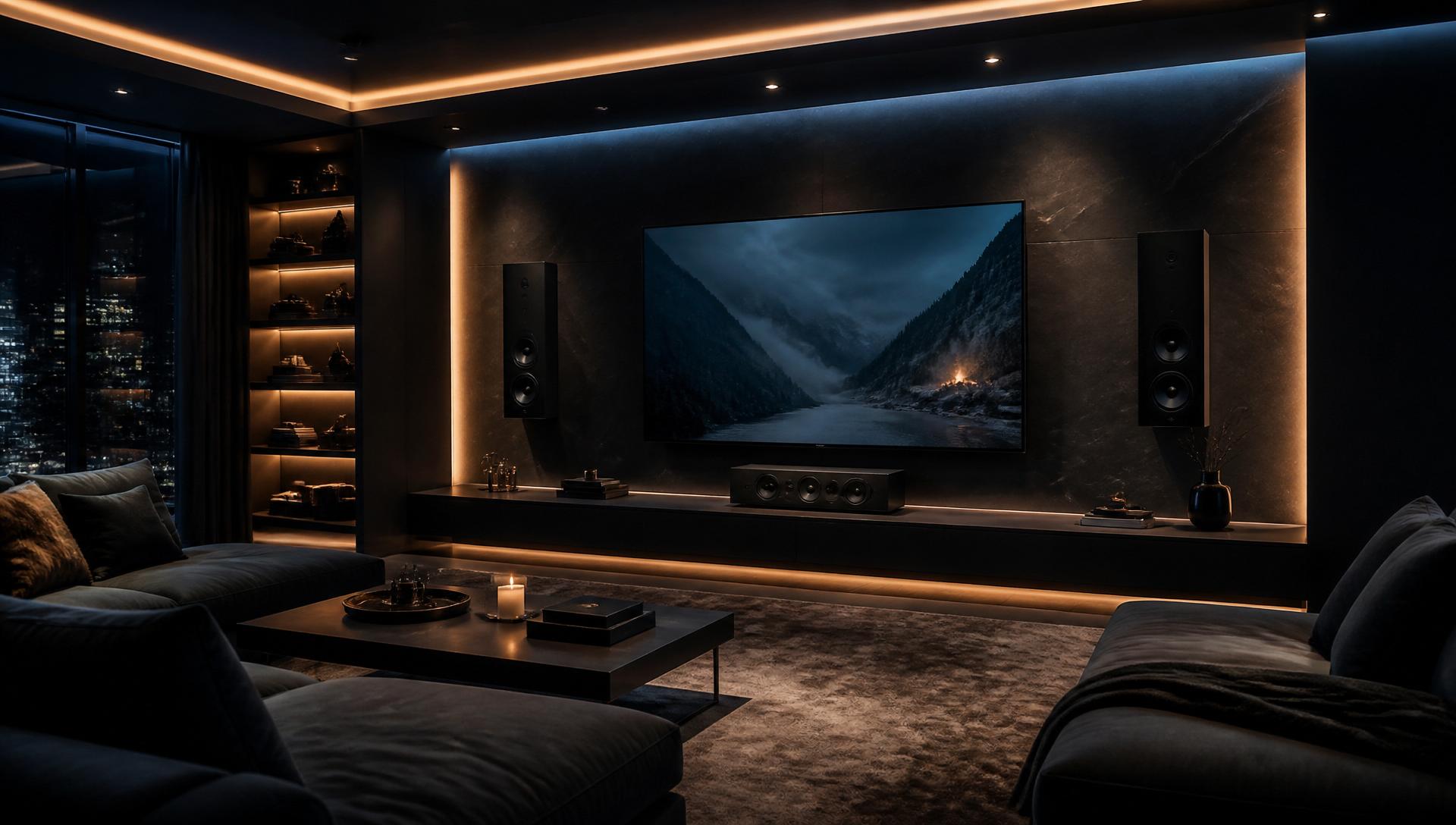 Luxury media room with wall-mounted TV and high-end speakers