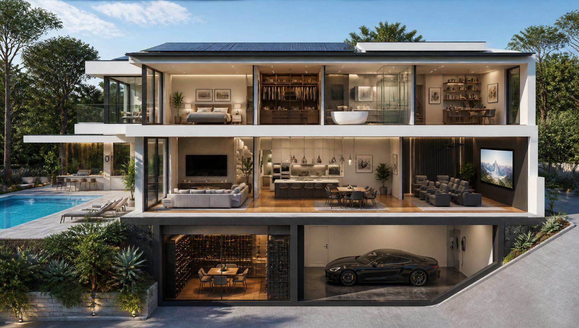 Interactive cutaway view of a modern smart home showing rooms and technology zones
